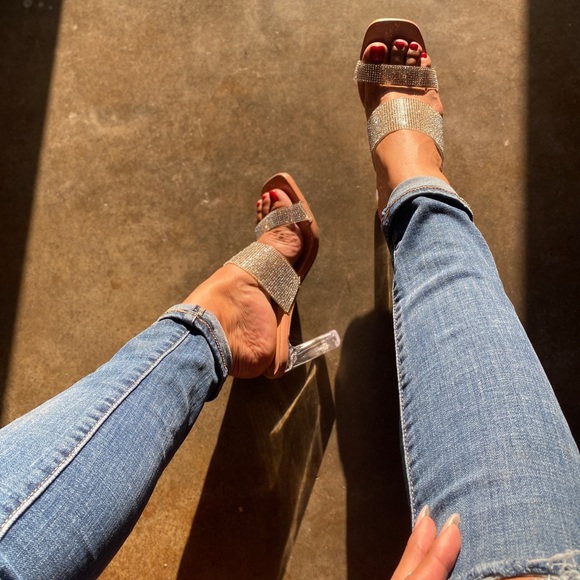Nude Double Strap Blinged Lucite Heels - Picture 6 of 10